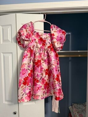 Bonnie Jean Pink and Red Floral Puff-Sleeve Formal Dress